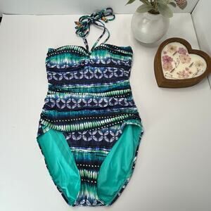Bleu by Rod Beattie Molded-Cup One-Piece Halter Swimsuit Blue/Green Women 8 NWT